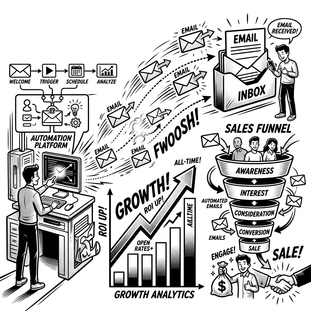 Email Marketing Automation Black and White Illustration