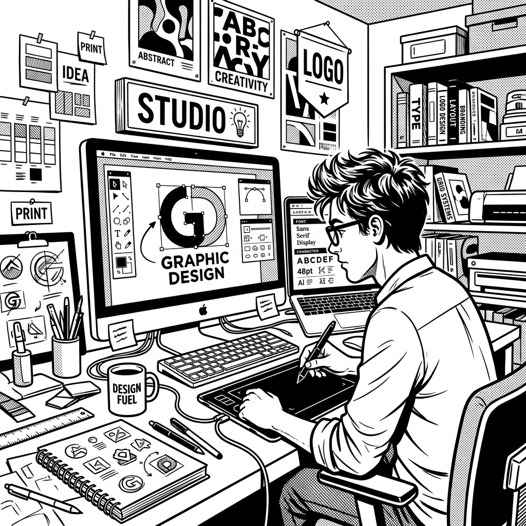 Graphic Design Studio Black and White Illustration