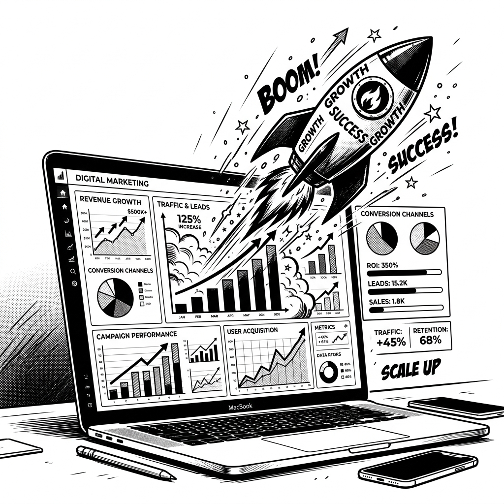 VNV Marketing Core Services Black & White Illustration